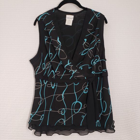 Fashion Bug Tops - Fashion Bug Top Womens 18/20W Black Y2k Sleeveless Sheer Faux Wrap Bow Flowy